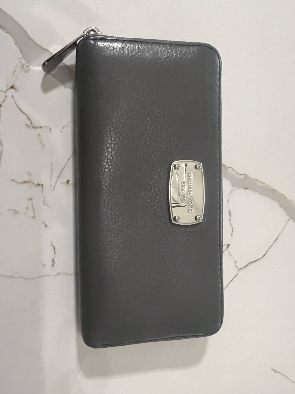 Michael Kors Gray Pebbled Zip-Around Wallet with Silver Plate